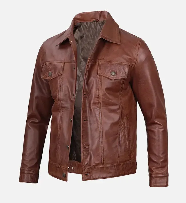 Men's Harrington Brown Leather Trucker Jacket