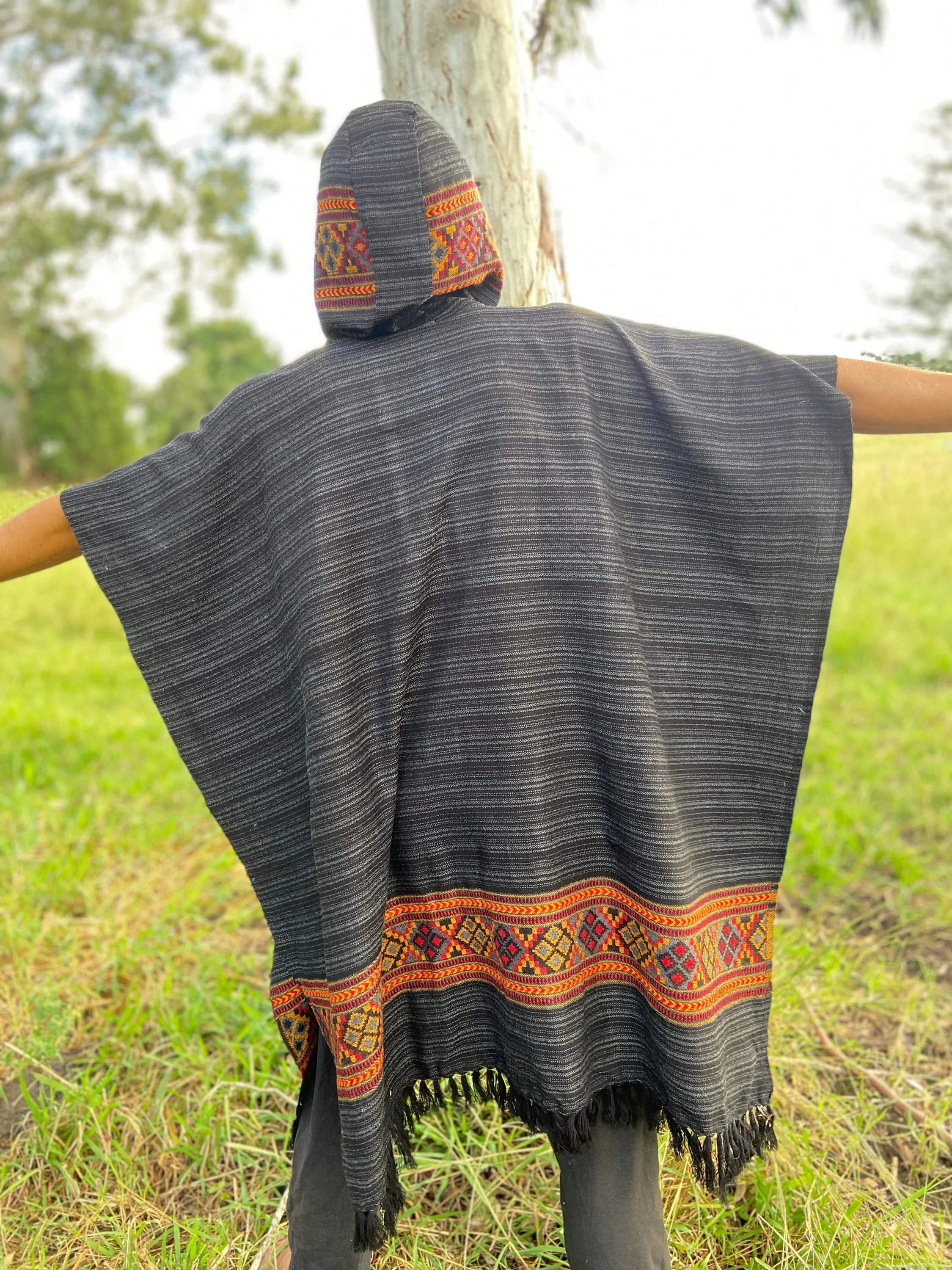 Mens Hooded Poncho Long Grey and Black Cashmere Wool with Tribal Embroidery, Large Hood, Pockets, Hippie, Primitive, Gypsy, Boho, AJJAYA