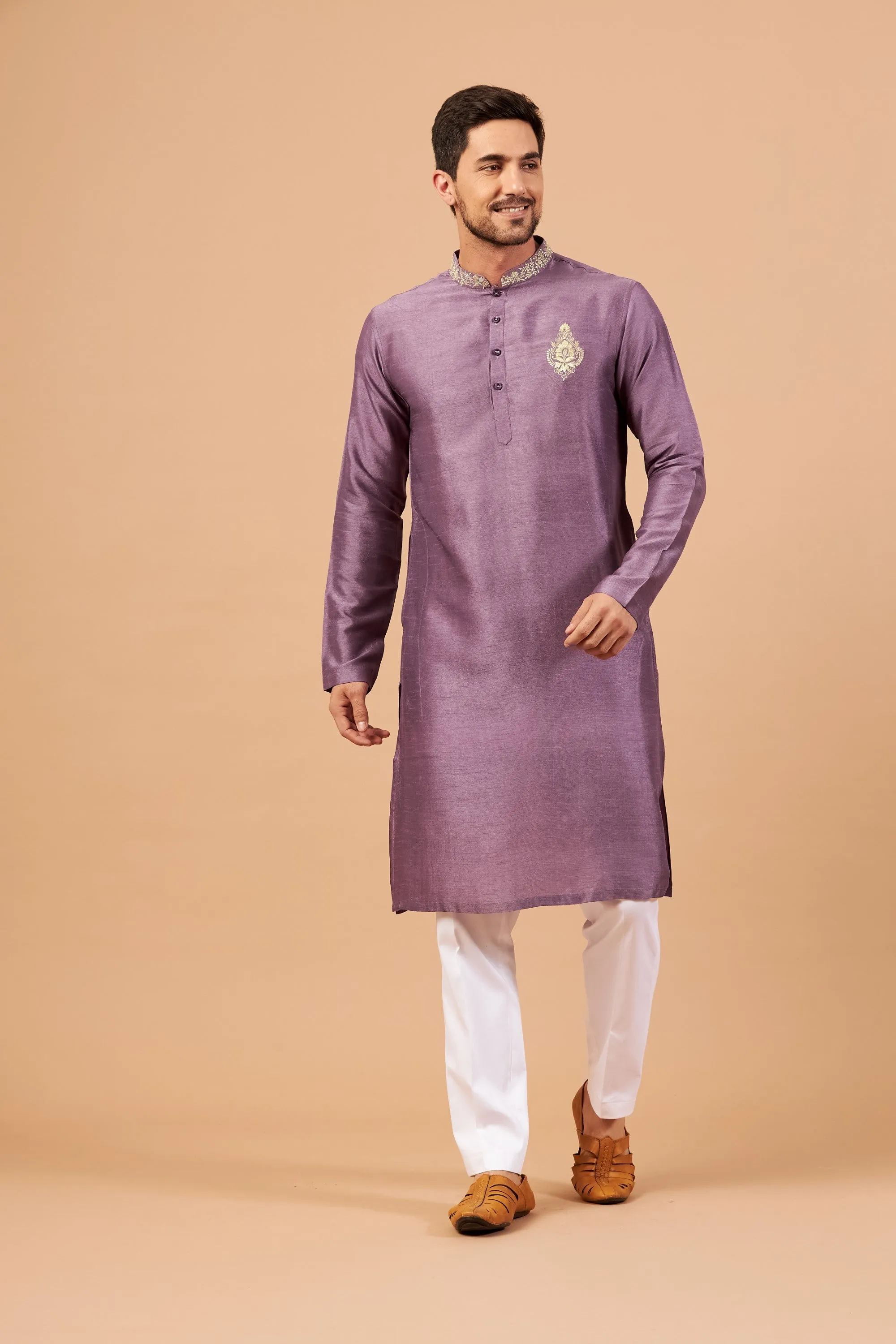 Men's Inara Gold Embroidered Violet Kurta With Crop Pants - Hilo Design