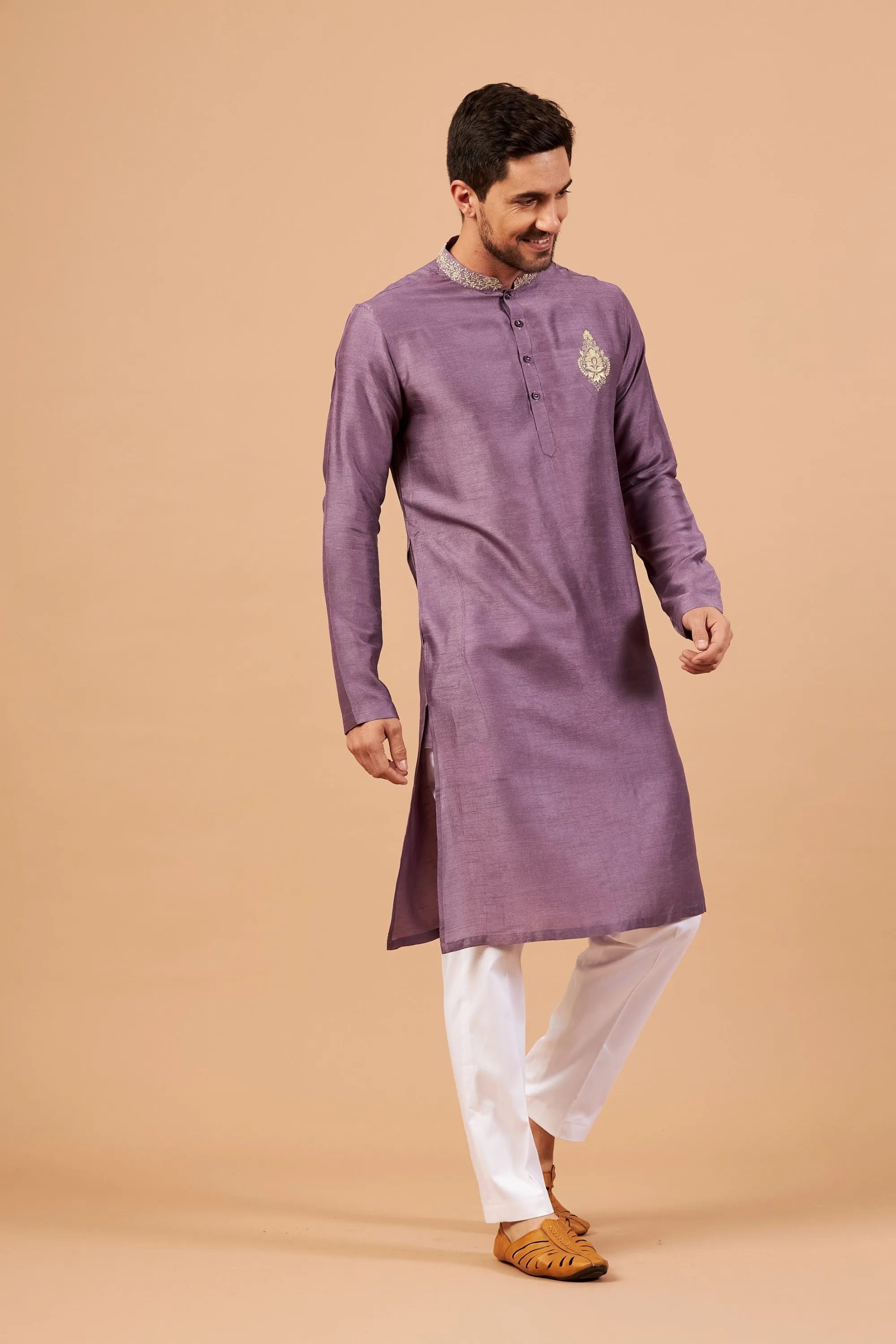 Men's Inara Gold Embroidered Violet Kurta With Crop Pants - Hilo Design