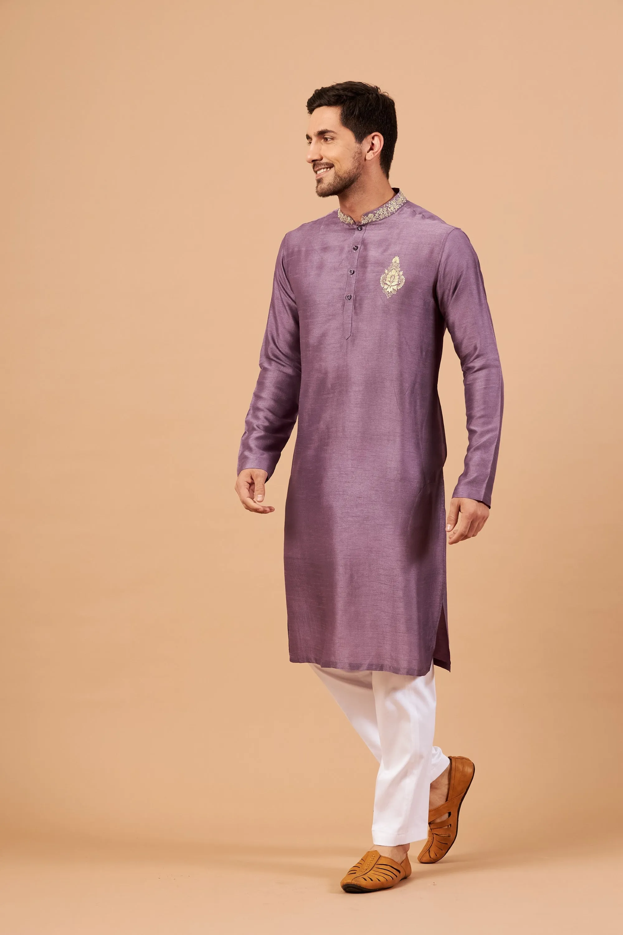 Men's Inara Gold Embroidered Violet Kurta With Crop Pants - Hilo Design