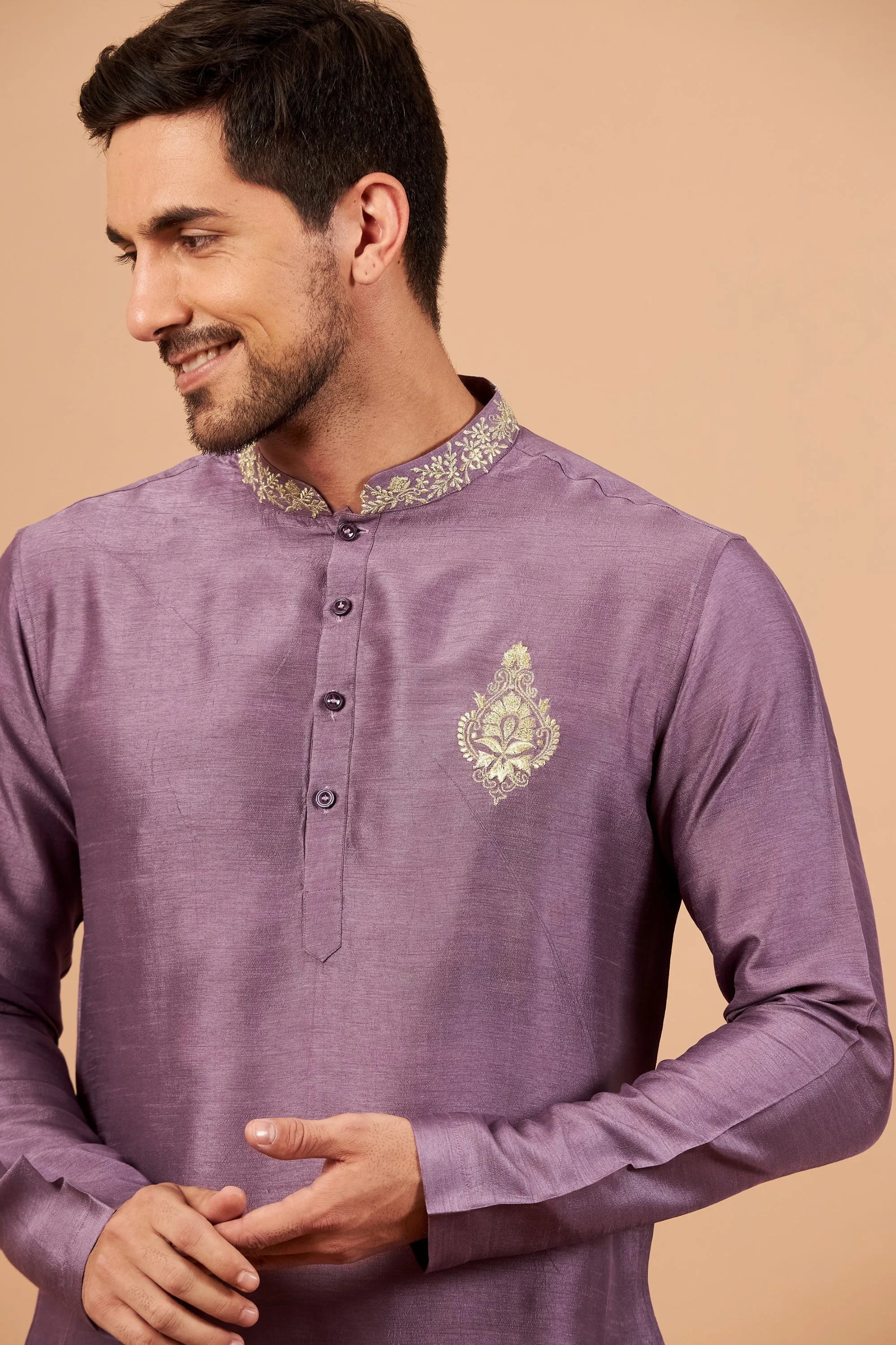 Men's Inara Gold Embroidered Violet Kurta With Crop Pants - Hilo Design