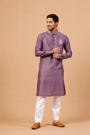 Men's Inara Gold Embroidered Violet Kurta With Crop Pants - Hilo Design