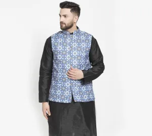 Men's Indigo Blue & Multi Printed Nehru Jacket - Benstoke