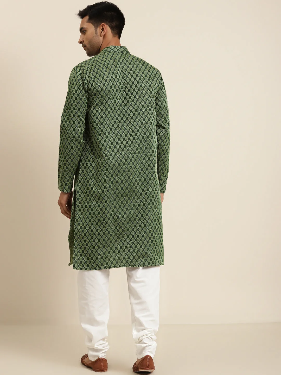 Men's Jacq Silk Dark Green Self design Kurta & Off-White Churidar Pyjama Set - Sojanya