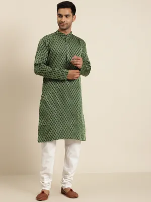 Men's Jacq Silk Dark Green Self design Kurta & Off-White Churidar Pyjama Set - Sojanya