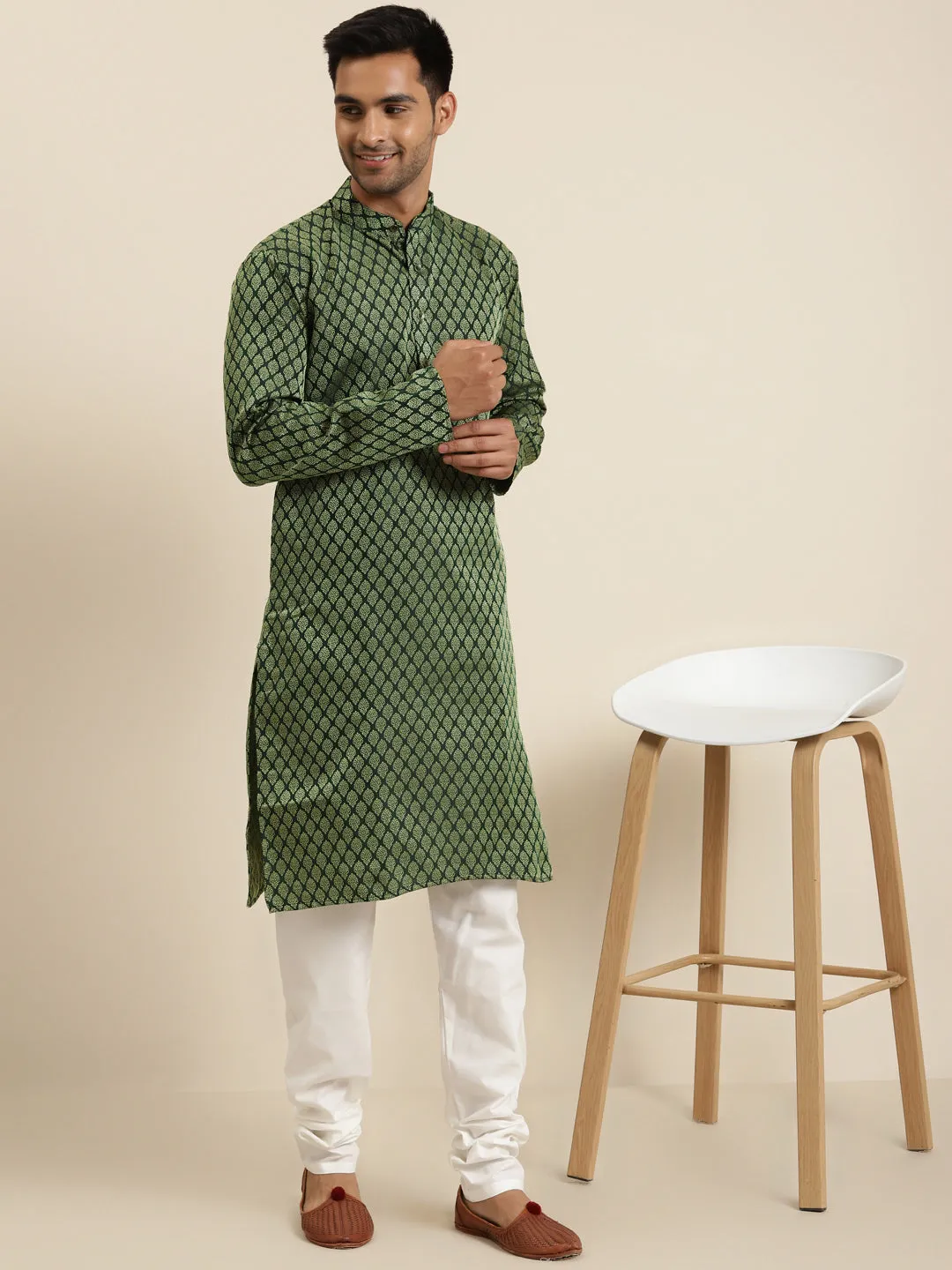 Men's Jacq Silk Dark Green Self design Kurta & Off-White Churidar Pyjama Set - Sojanya