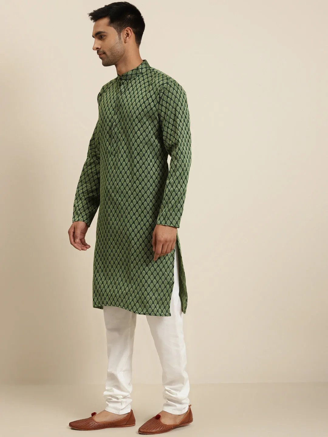 Men's Jacq Silk Dark Green Self design Kurta & Off-White Churidar Pyjama Set - Sojanya