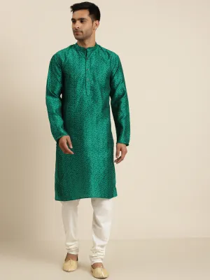 Men's Jacq Silk Dark green Self design Kurta & White Churidar Pyjama Set - Sojanya