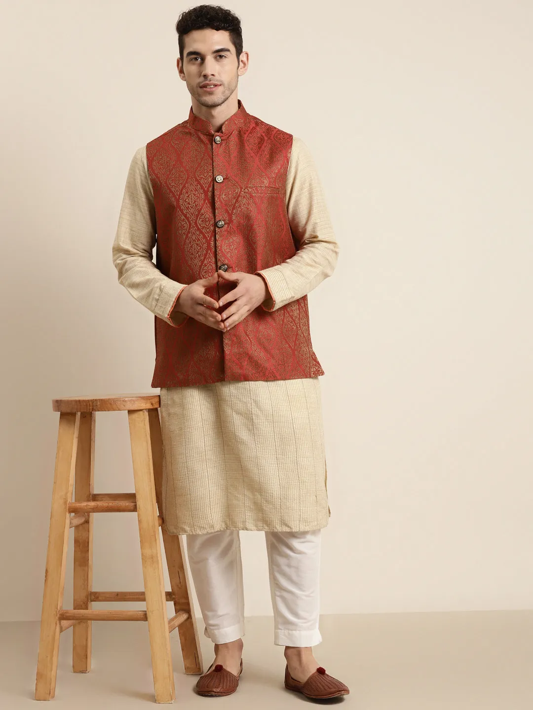 Men's Jacquard Silk Red & Gold Nehru Jacket - Sojanya