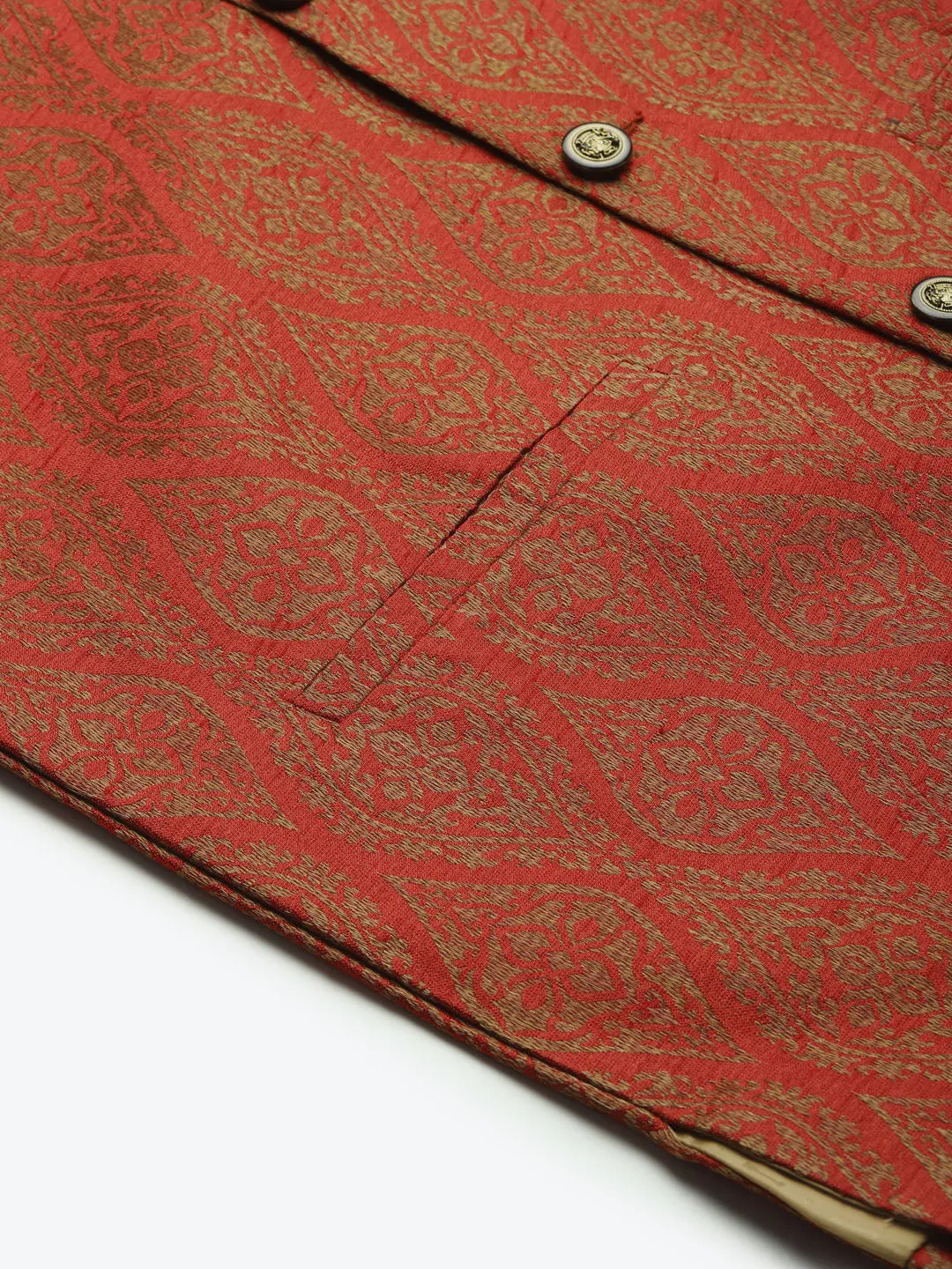 Men's Jacquard Silk Red & Gold Nehru Jacket - Sojanya