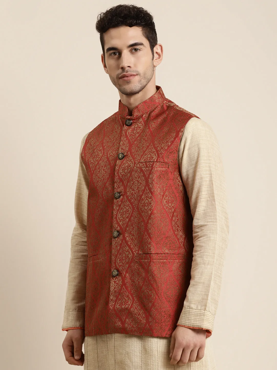 Men's Jacquard Silk Red & Gold Nehru Jacket - Sojanya