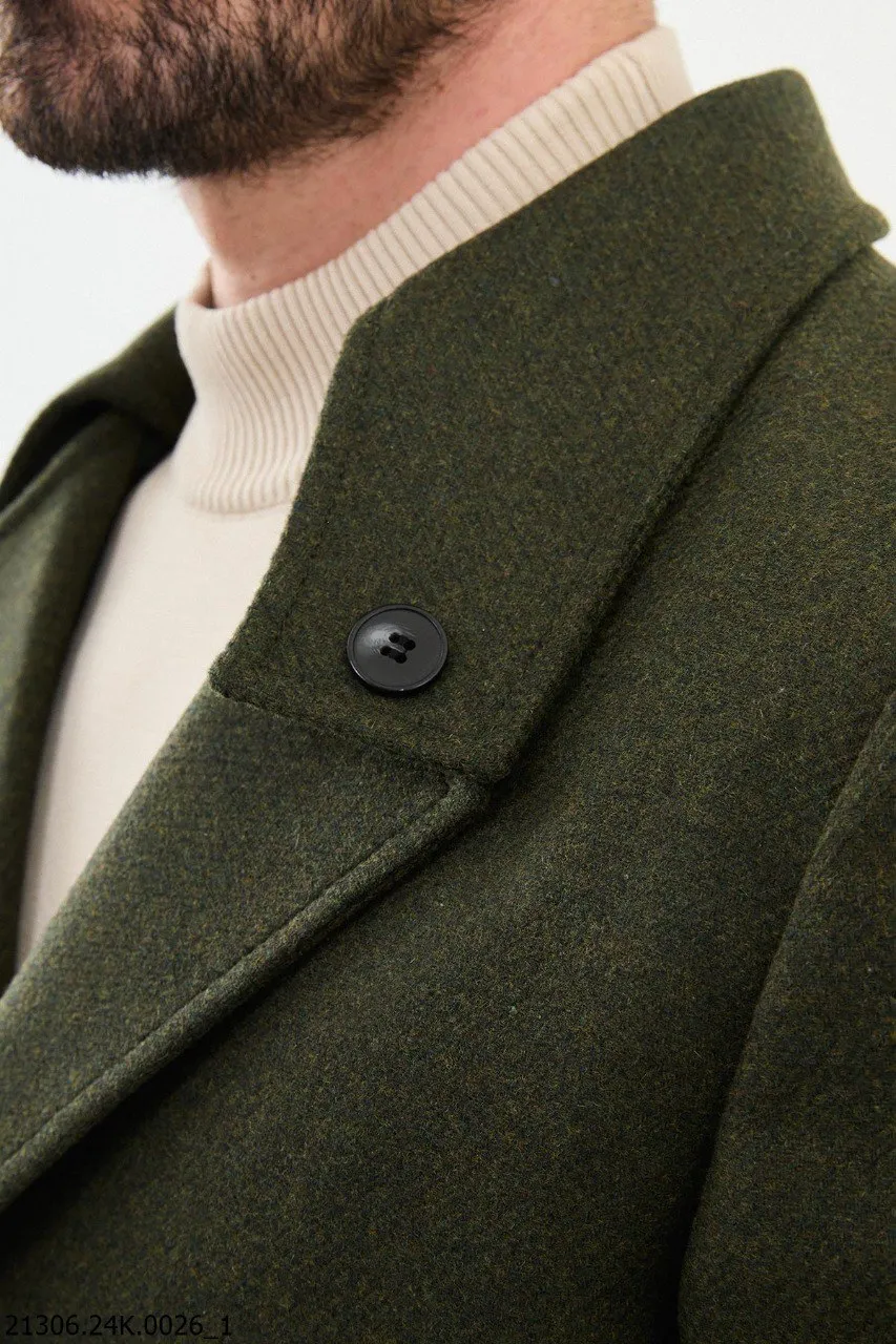 Men's Khaki Green Asymmetrical Button Winter Coat