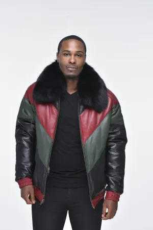 Men’s Lambskin V Bomber Jacket with Detachable Black Fox Collar - Multi Color