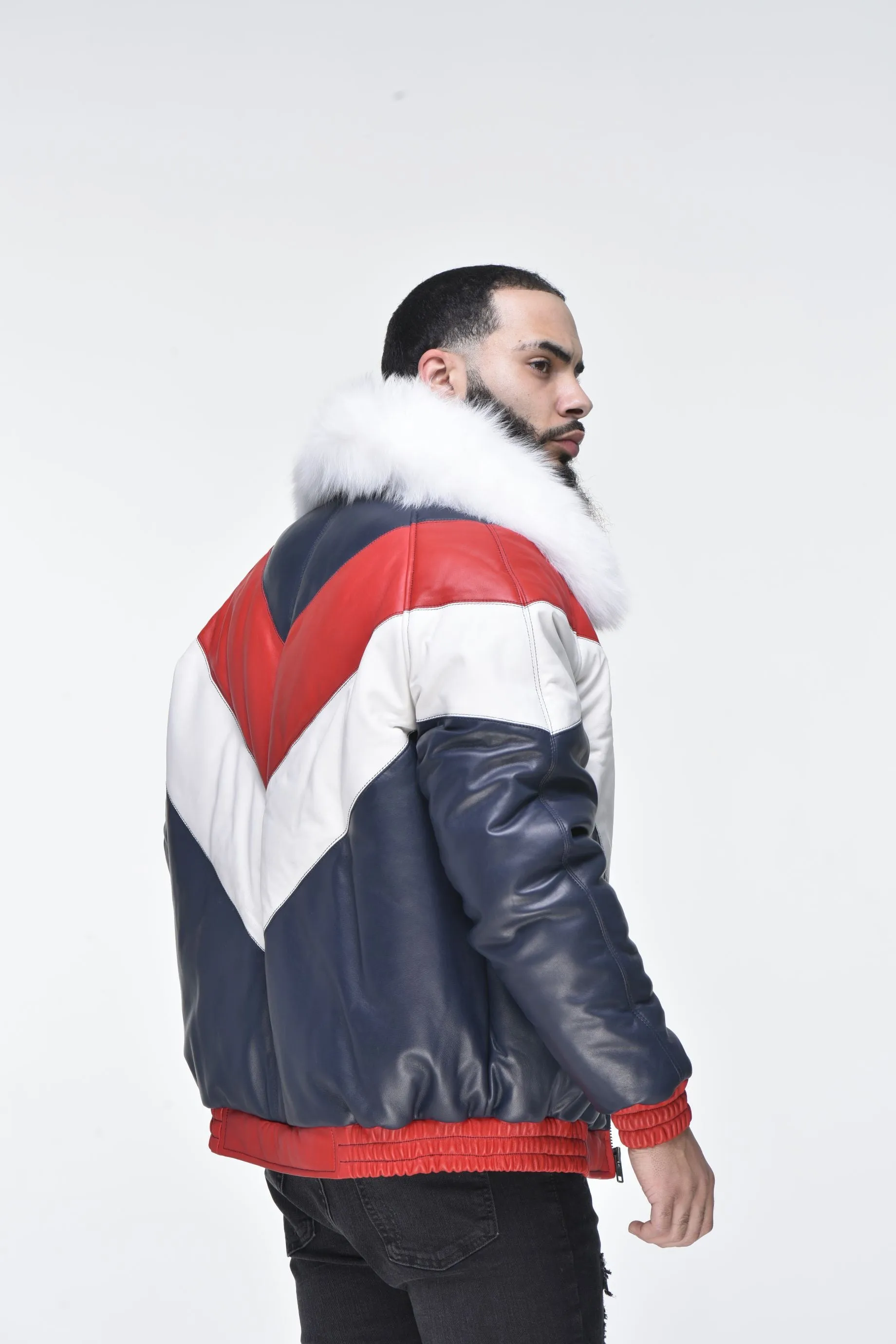 Men’s Lambskin V Bomber Jacket with Detachable White Fox Collar