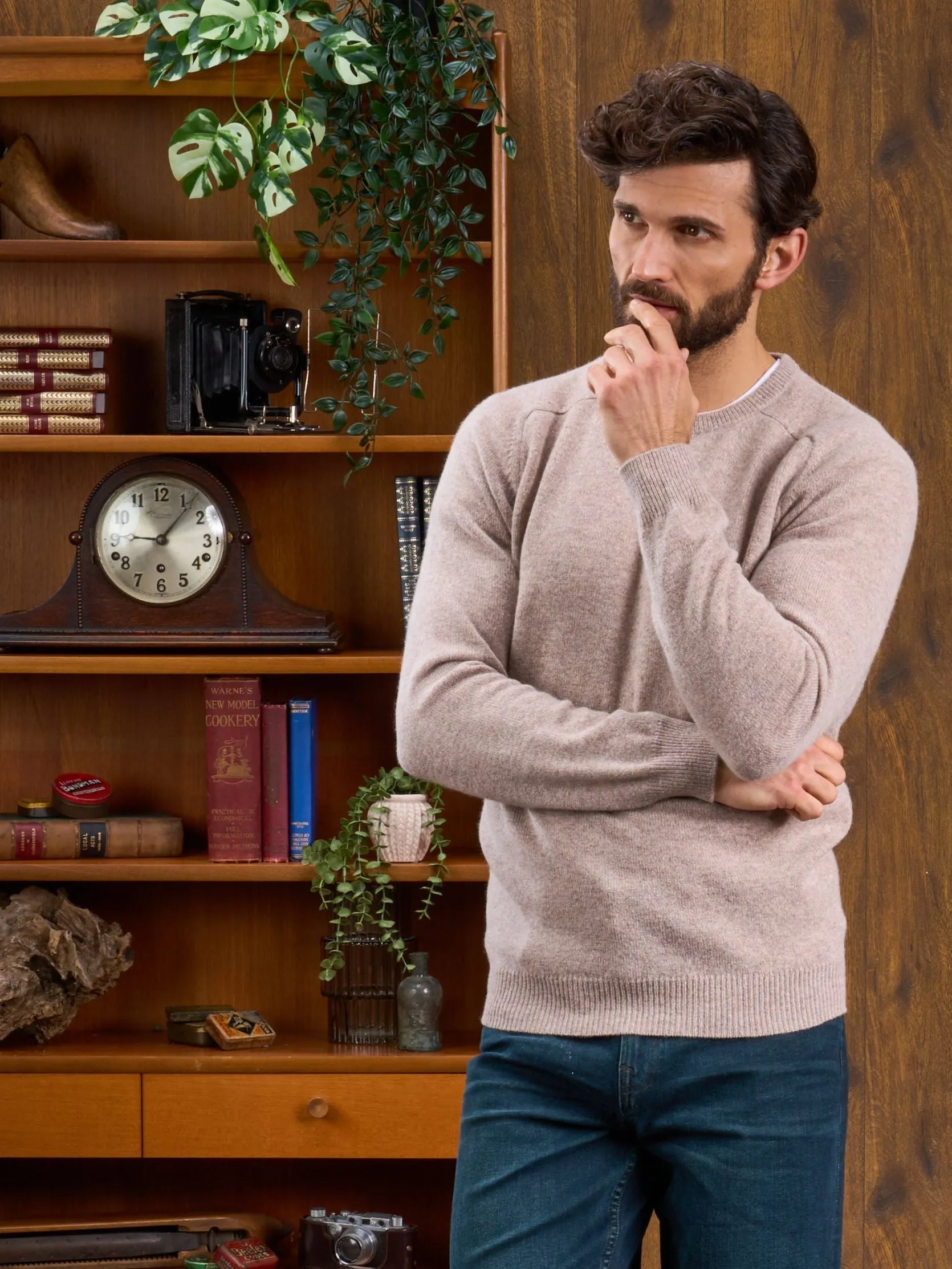 Men's Lambswool Crew Neck Jumper in Linen - Classic Fit