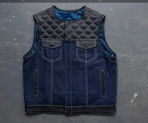 Mens Leather Denim Builder Diamond Quilted Motorcycle Biker Vest