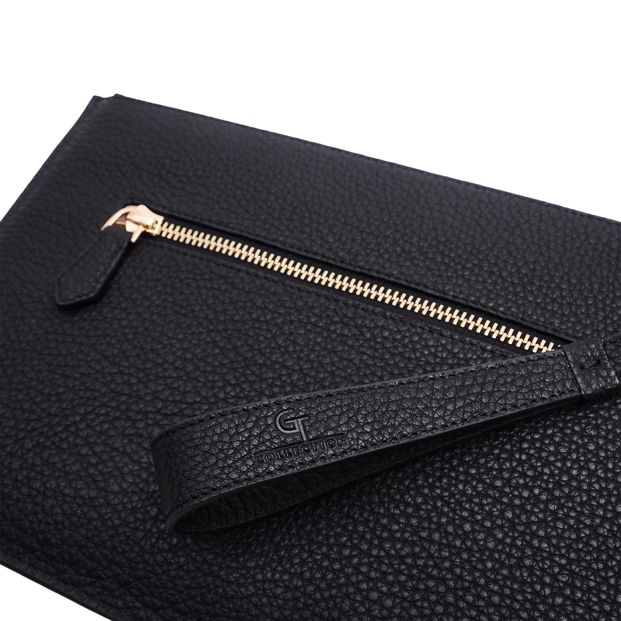 Men's Leather Hand Bag - Black with golden details