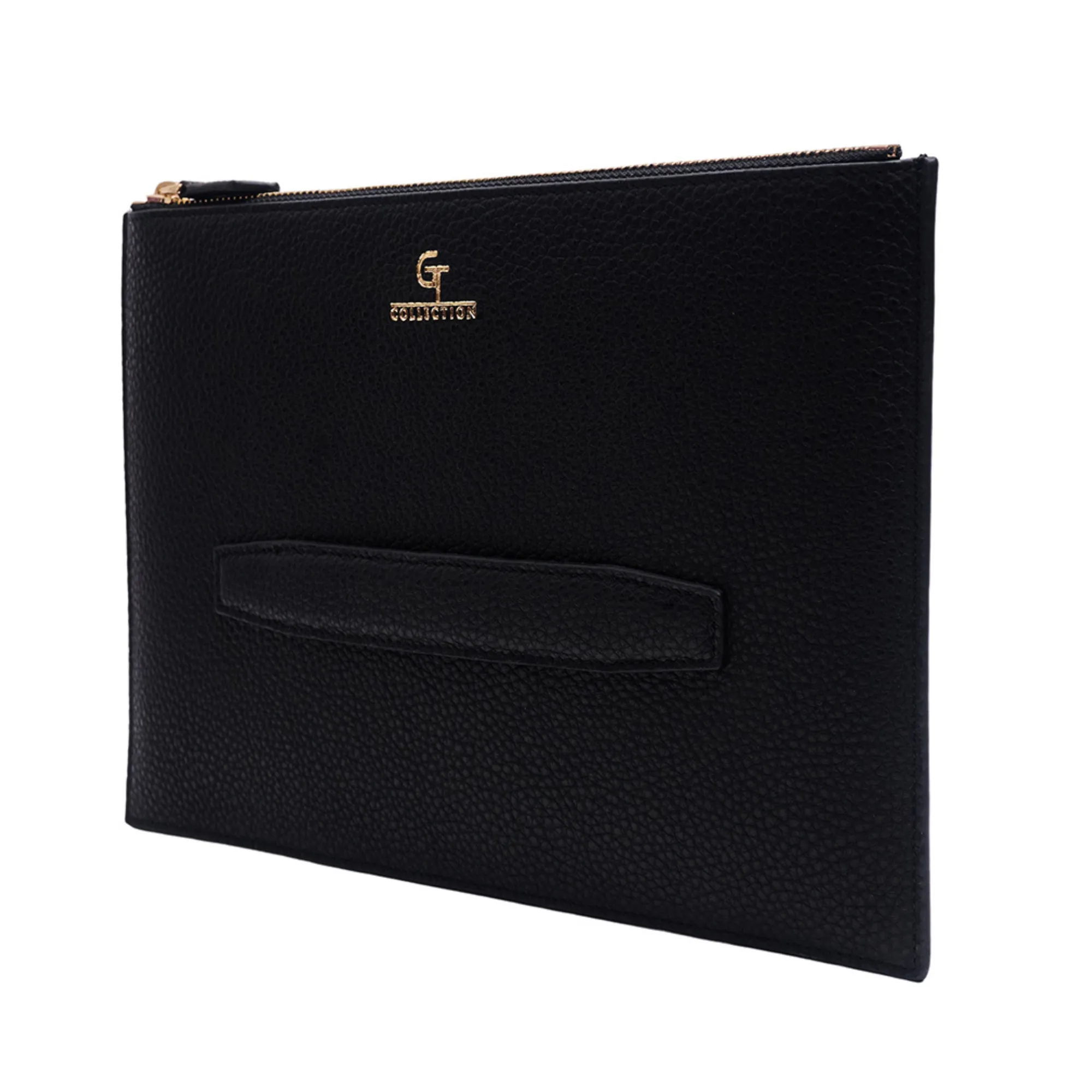 Men's Leather Hand Bag - Black with golden details