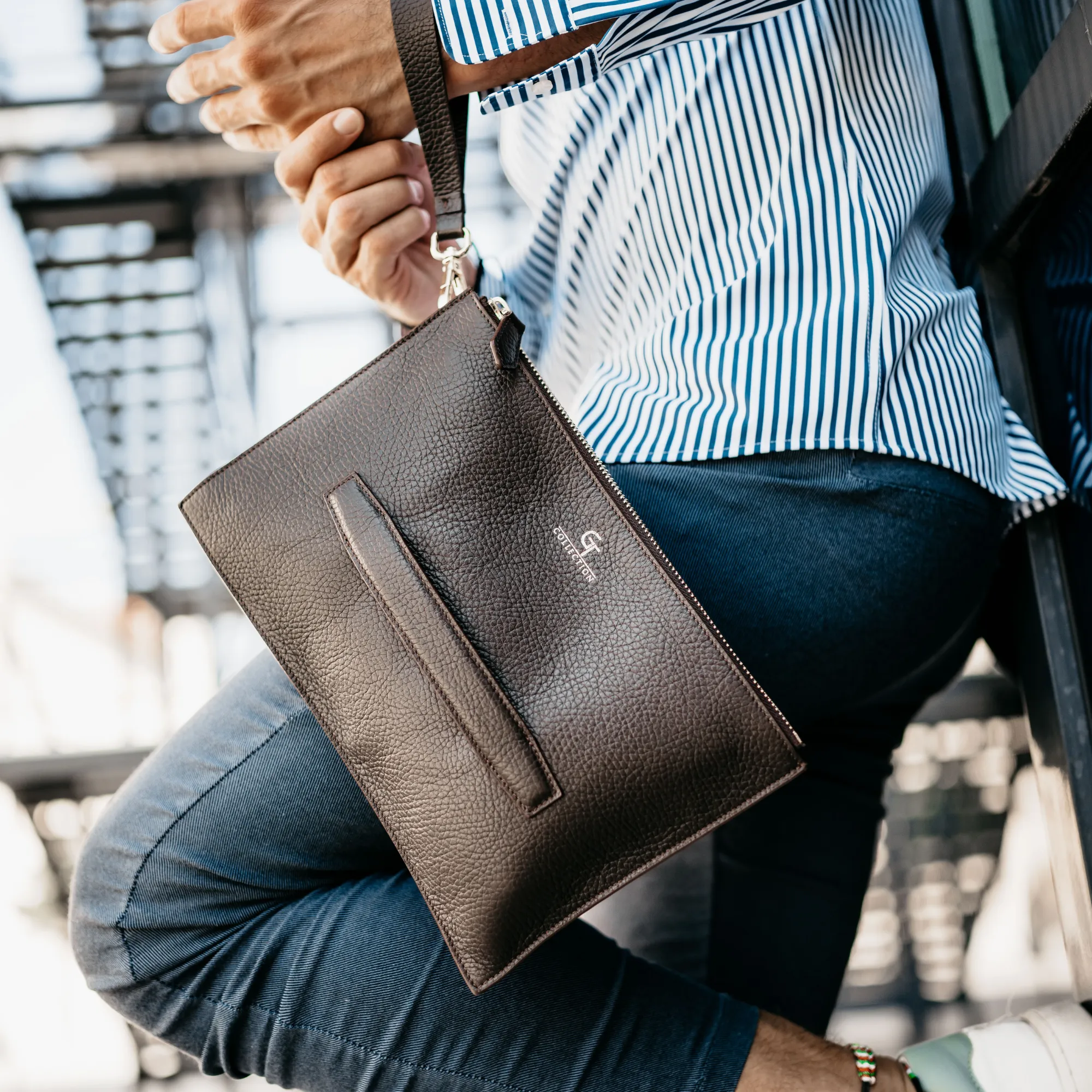 Men's Leather Hand Bag - Brown with golden details