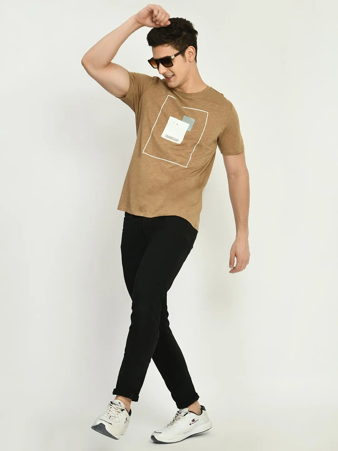 Men's Lemon Light Brown Printed Knit T-Shirt