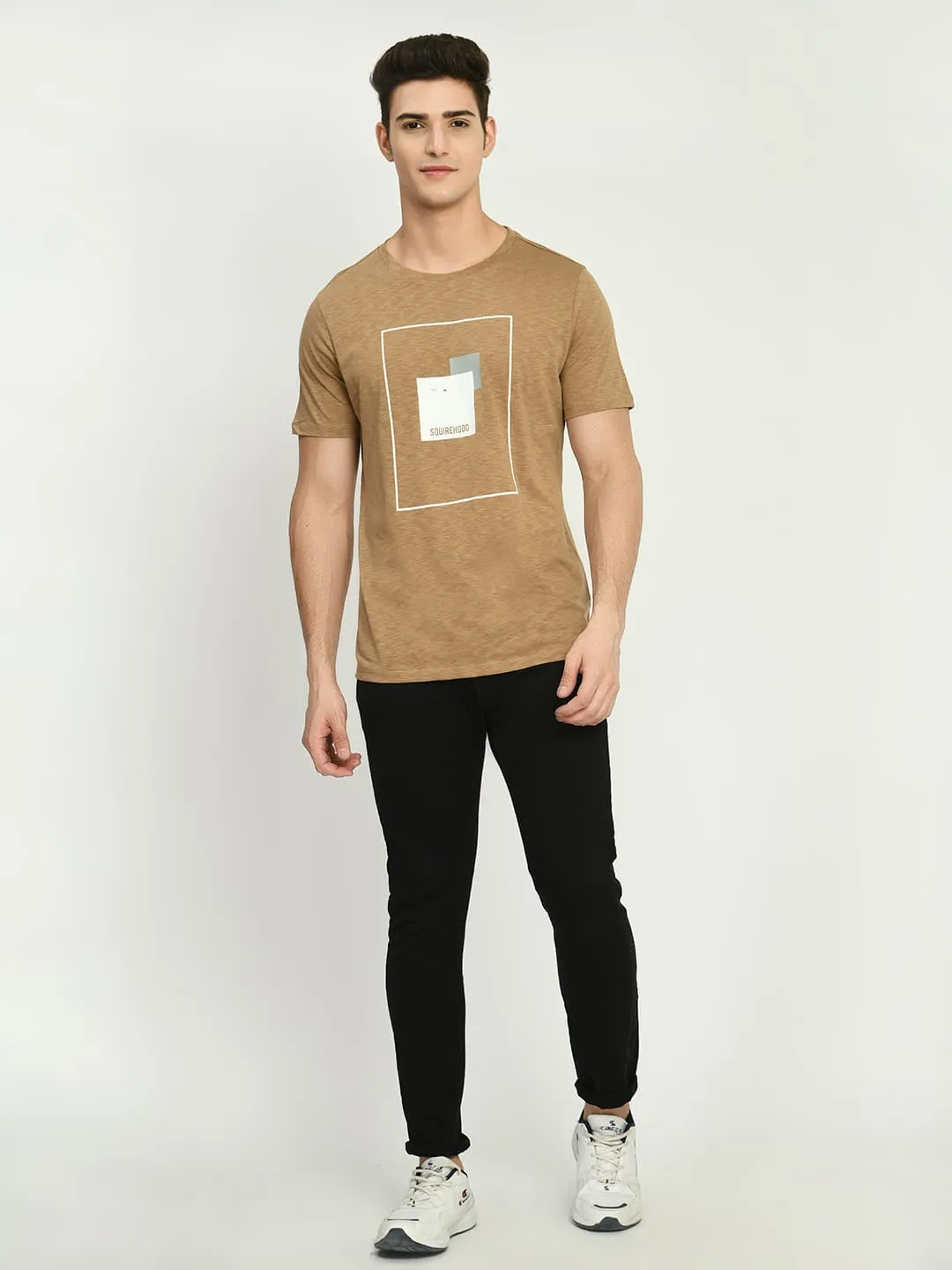 Men's Lemon Light Brown Printed Knit T-Shirt