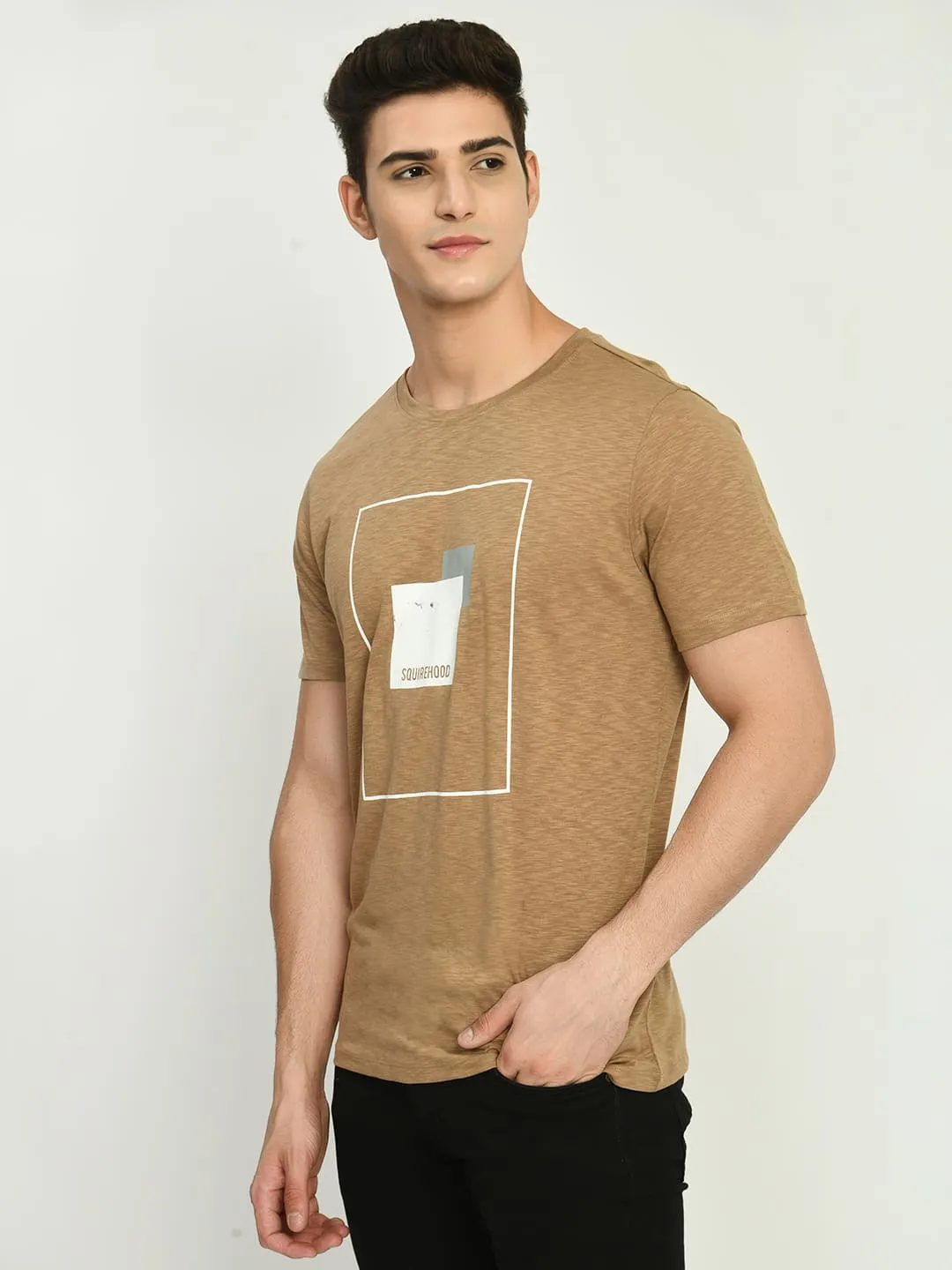 Men's Lemon Light Brown Printed Knit T-Shirt