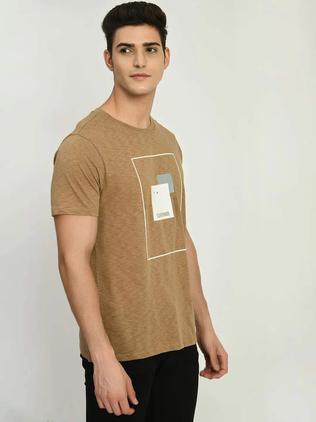 Men's Lemon Light Brown Printed Knit T-Shirt