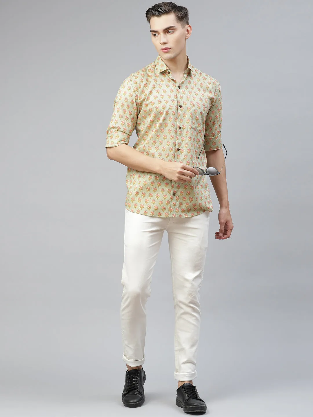 Men's Light Green Cotton Full Sleeves Shirt - Taantav