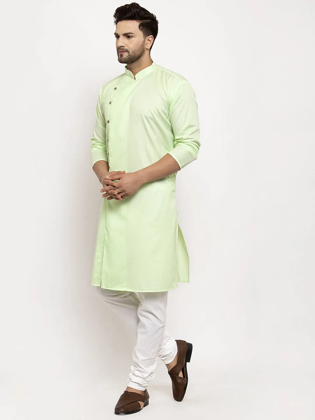 Men's Light Green Solid Kurta With White Churidaar Pyjama - Benstoke