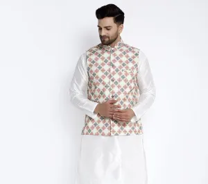 Men's Lime Green & Red Printed Nehru Jacket - Benstoke