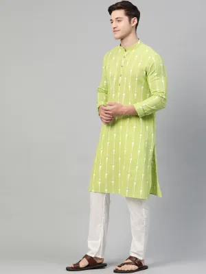 Men's Lime Green & White Printed Straight Kurta With Pyjama - See Designs