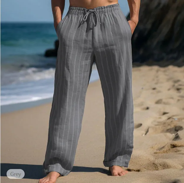 Men's Linen Drawstring Elastic Waist Straight Striped Comfortable Breathable Casual Pants