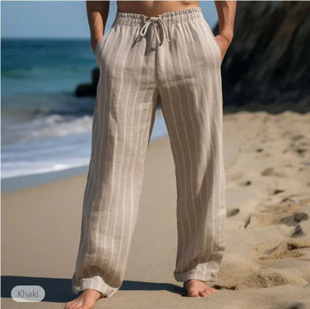 Men's Linen Drawstring Elastic Waist Straight Striped Comfortable Breathable Casual Pants