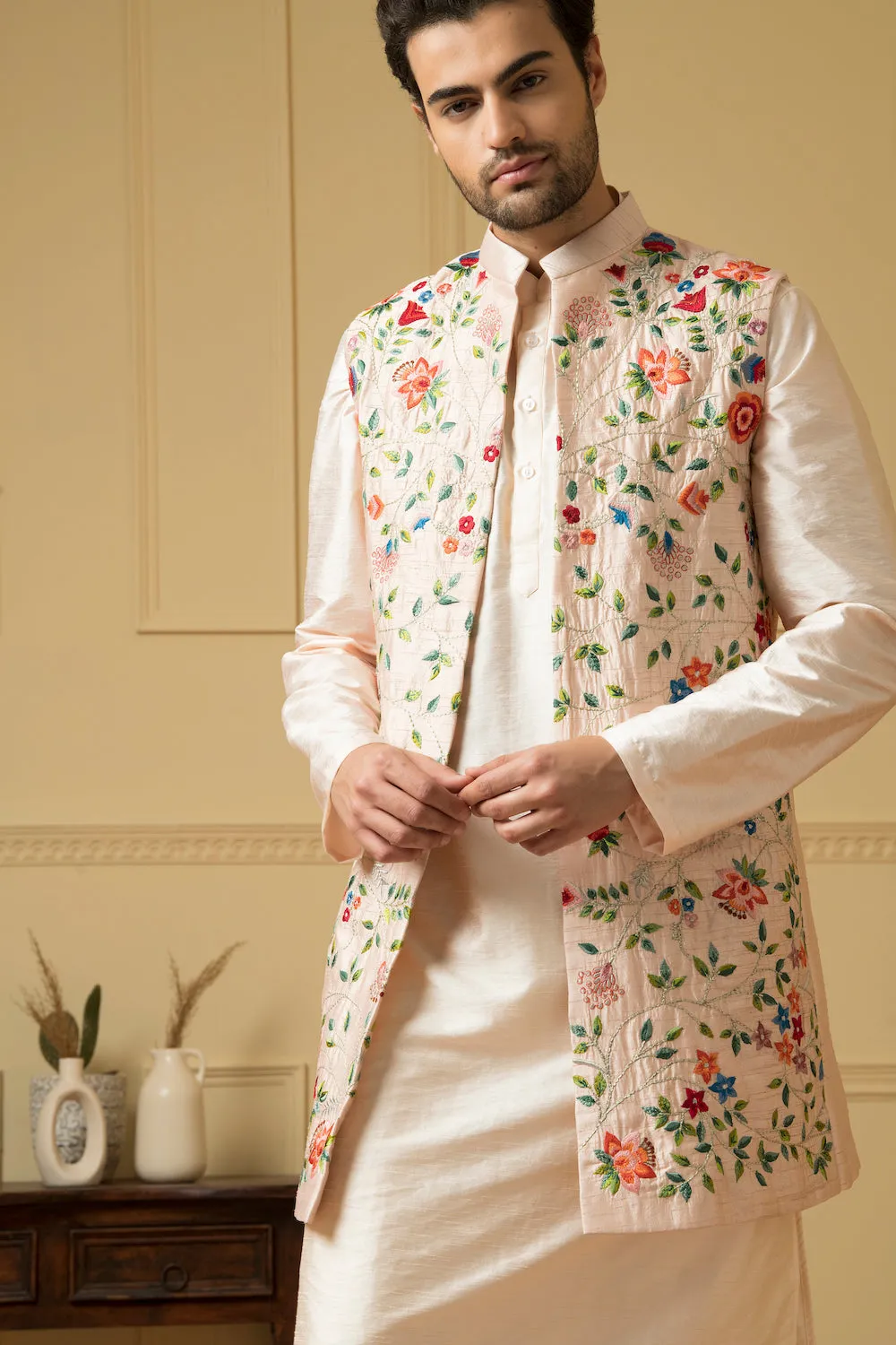 Men's Long Floral Embroidered Nehru Jacket Set - Hilo Design