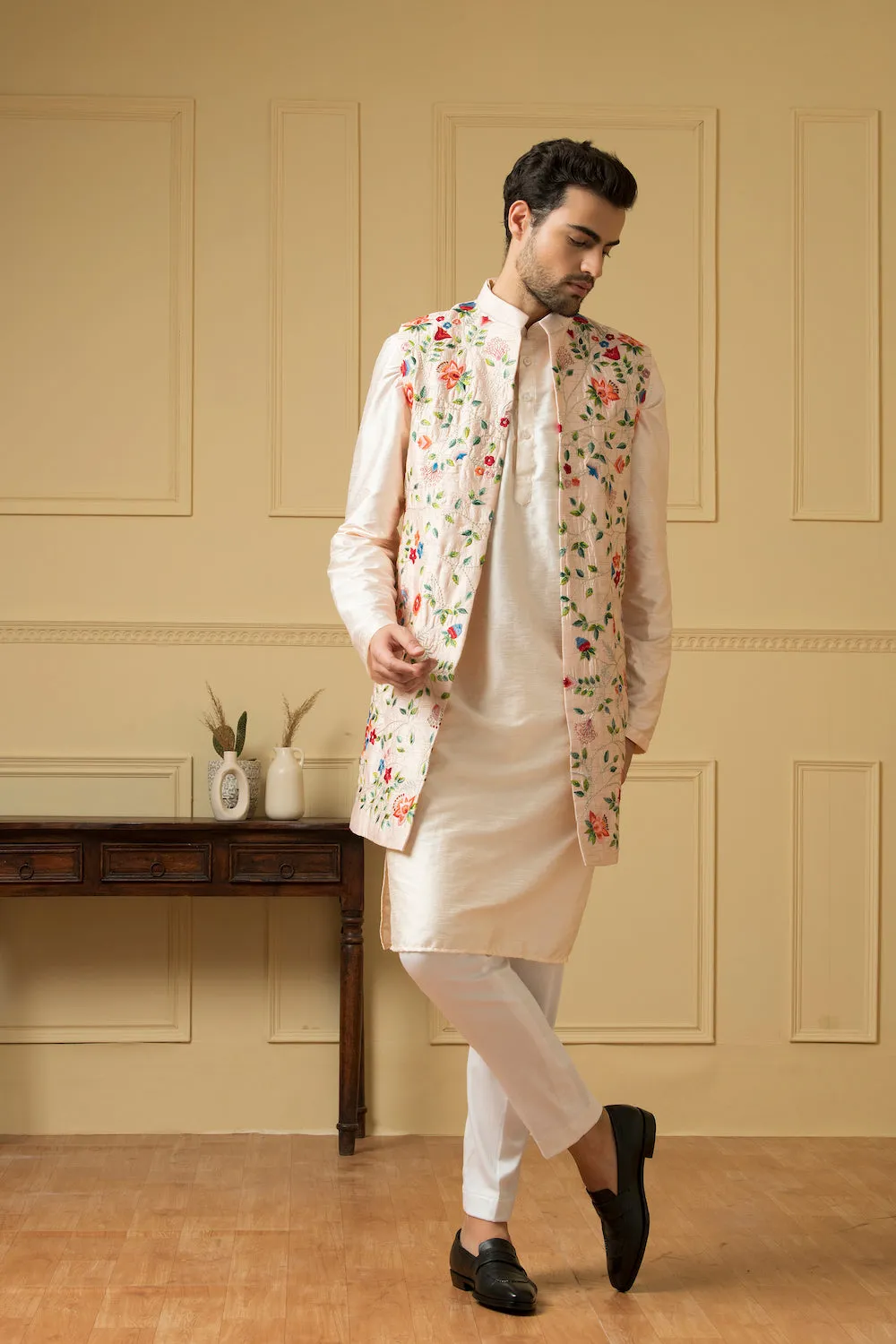 Men's Long Floral Embroidered Nehru Jacket Set - Hilo Design