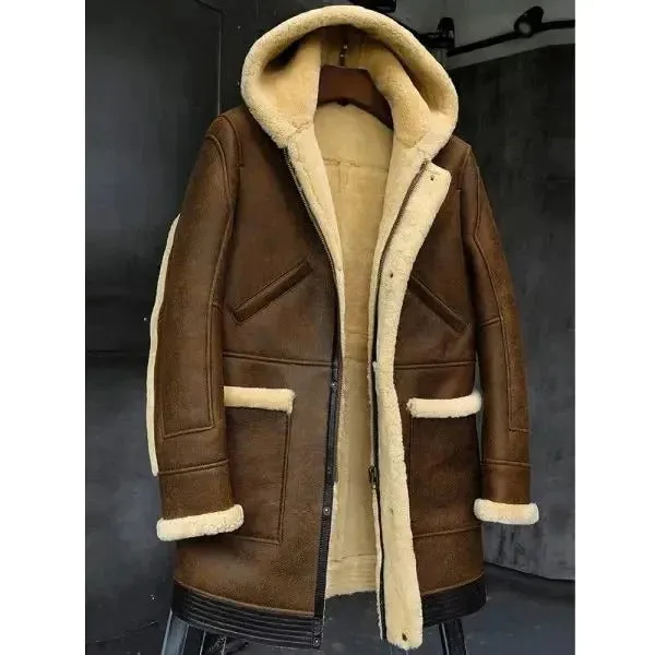 Men's Long Hooded Sheepskin Leather Winter Coat