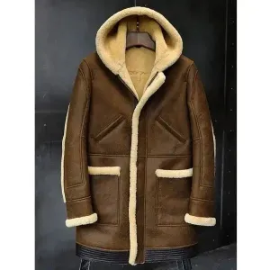 Men's Long Hooded Sheepskin Leather Winter Coat