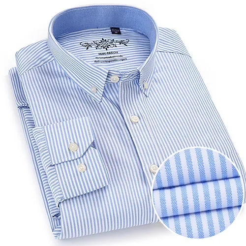 Men's Long Sleeve Contrast Plaid/Striped Oxford Dress Shirt with Left Chest Pocket Male Casual Slim-fit Buttoned Down Shirts