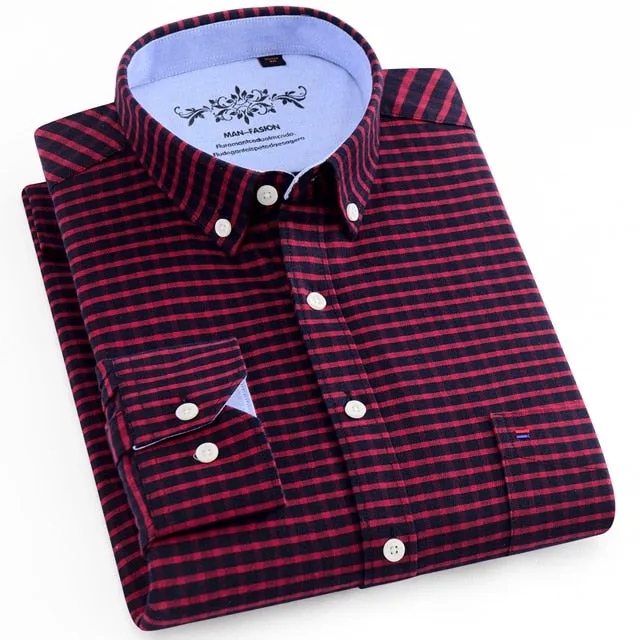 Men's Long Sleeve Contrast Plaid/Striped Oxford Dress Shirt with Left Chest Pocket Male Casual Slim-fit Buttoned Down Shirts