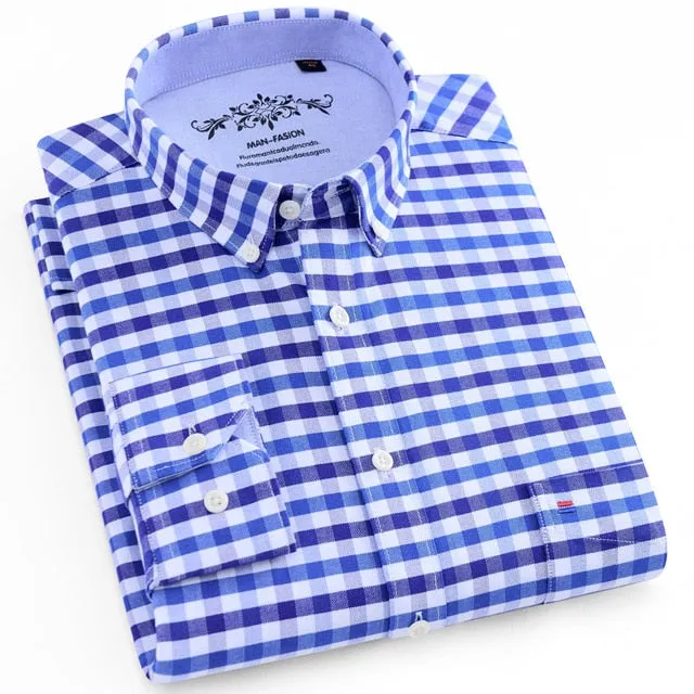 Men's Long Sleeve Contrast Plaid/Striped Oxford Dress Shirt with Left Chest Pocket Male Casual Slim-fit Buttoned Down Shirts