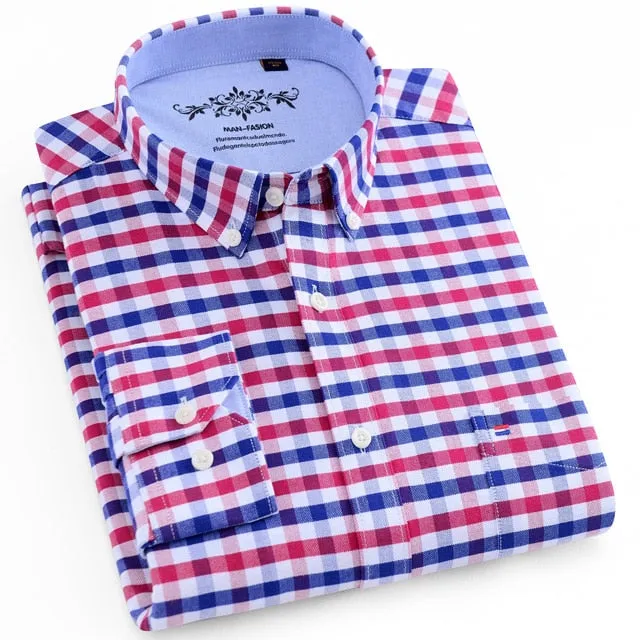 Men's Long Sleeve Contrast Plaid/Striped Oxford Dress Shirt with Left Chest Pocket Male Casual Slim-fit Buttoned Down Shirts