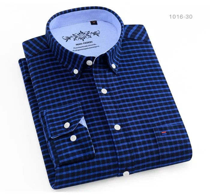 Men's Long Sleeve Contrast Plaid/Striped Oxford Dress Shirt with Left Chest Pocket Male Casual Slim-fit Buttoned Down Shirts