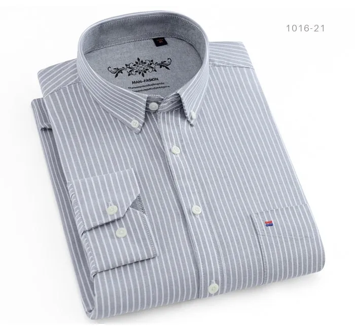 Men's Long Sleeve Contrast Plaid/Striped Oxford Dress Shirt with Left Chest Pocket Male Casual Slim-fit Buttoned Down Shirts