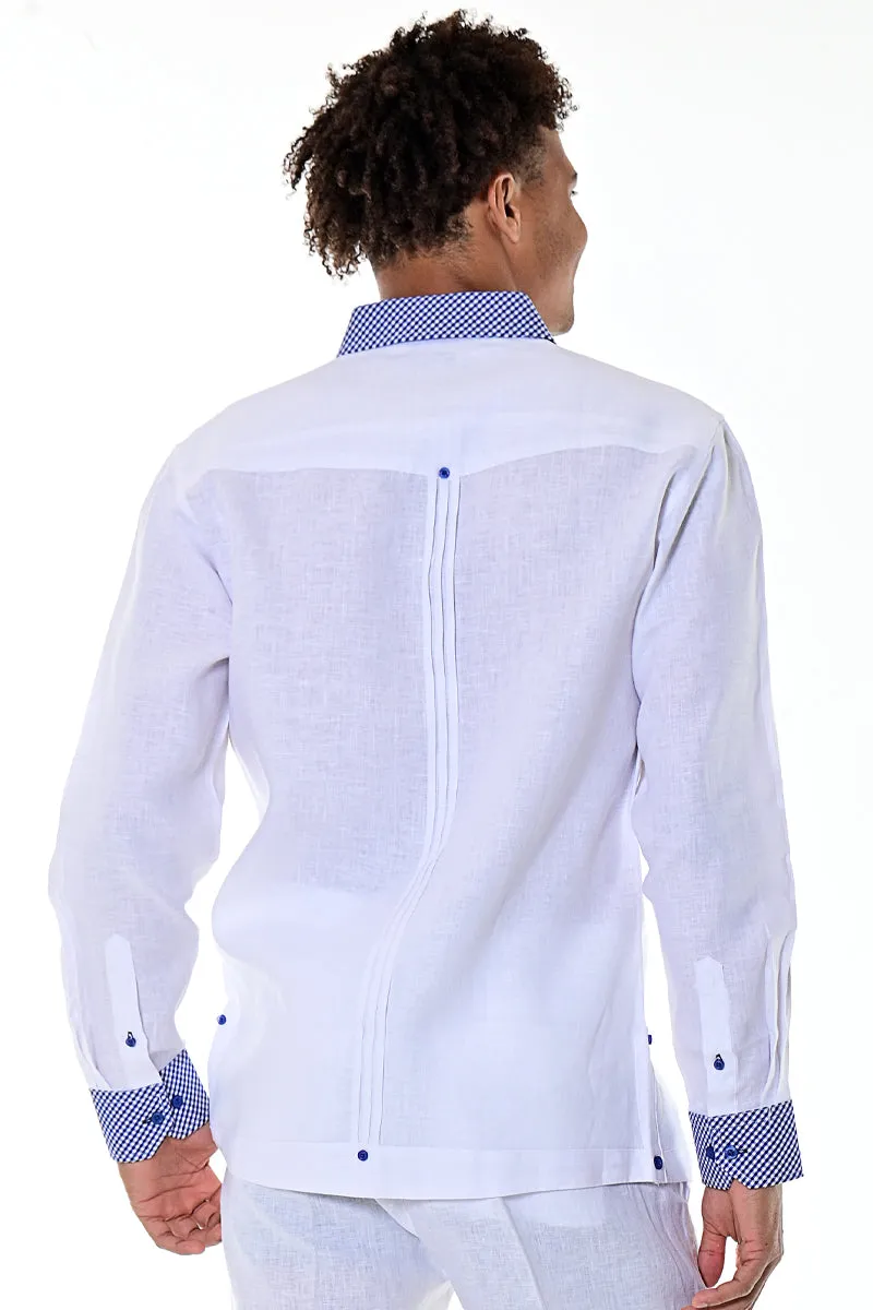 Men's Long Sleeve Guayabera Inspired Shirt w/Two Pockets 100% Linen Fancy Gingham Trim | BOHIO MLG1416