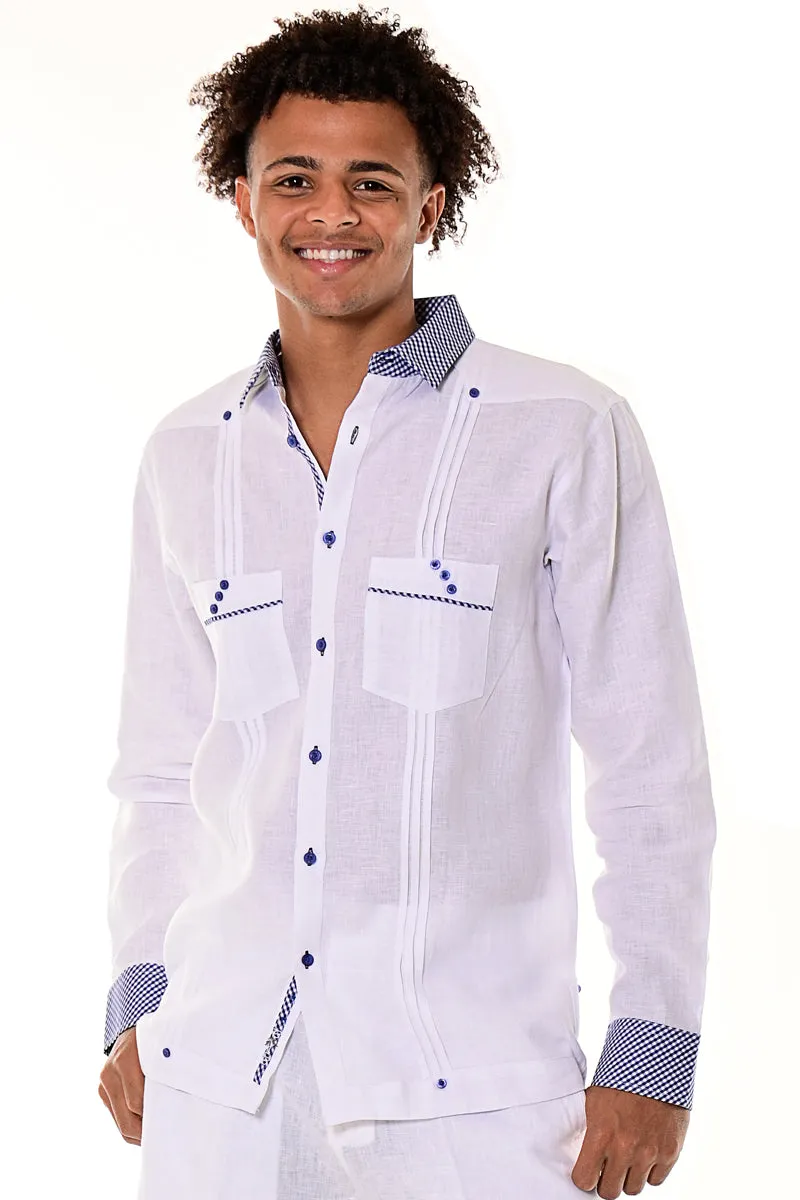 Men's Long Sleeve Guayabera Inspired Shirt w/Two Pockets 100% Linen Fancy Gingham Trim | BOHIO MLG1416