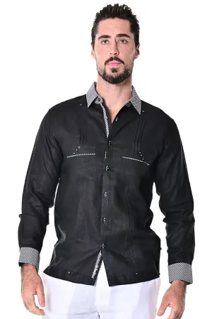 Men's Long Sleeve Guayabera Inspired Shirt w/Two Pockets 100% Linen Fancy Gingham Trim | BOHIO MLG1416