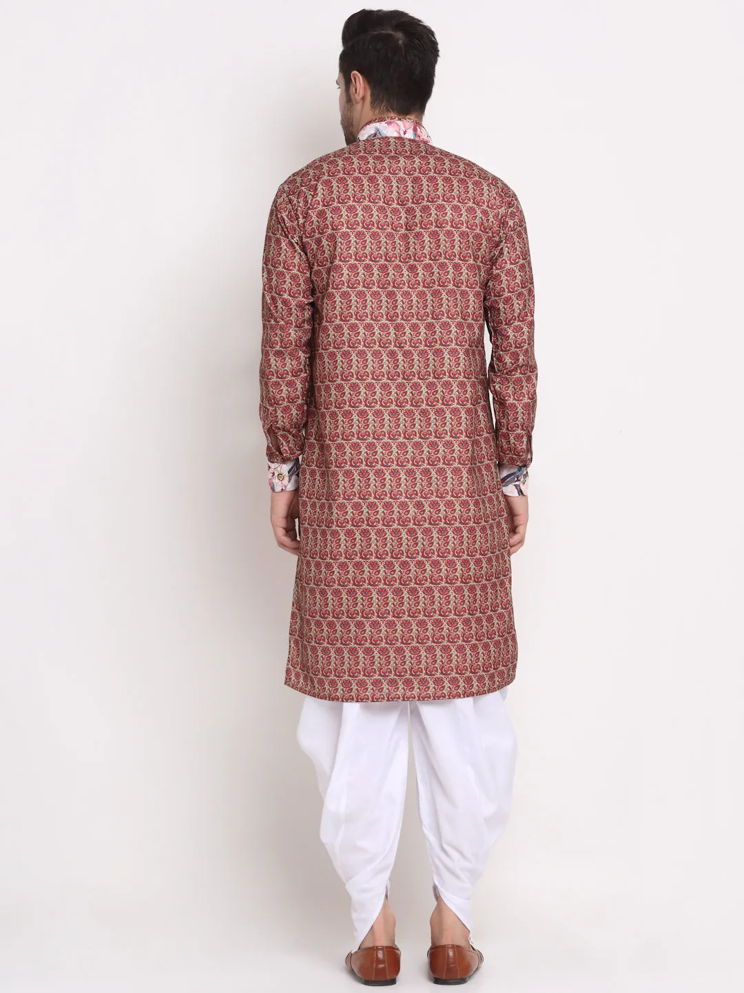 Men's Maroon & Beige Printed Kurta With White Dhoti Pant - Benstoke