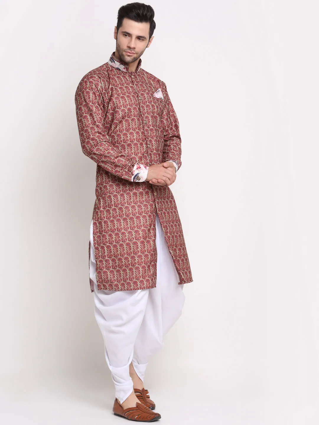 Men's Maroon & Beige Printed Kurta With White Dhoti Pant - Benstoke