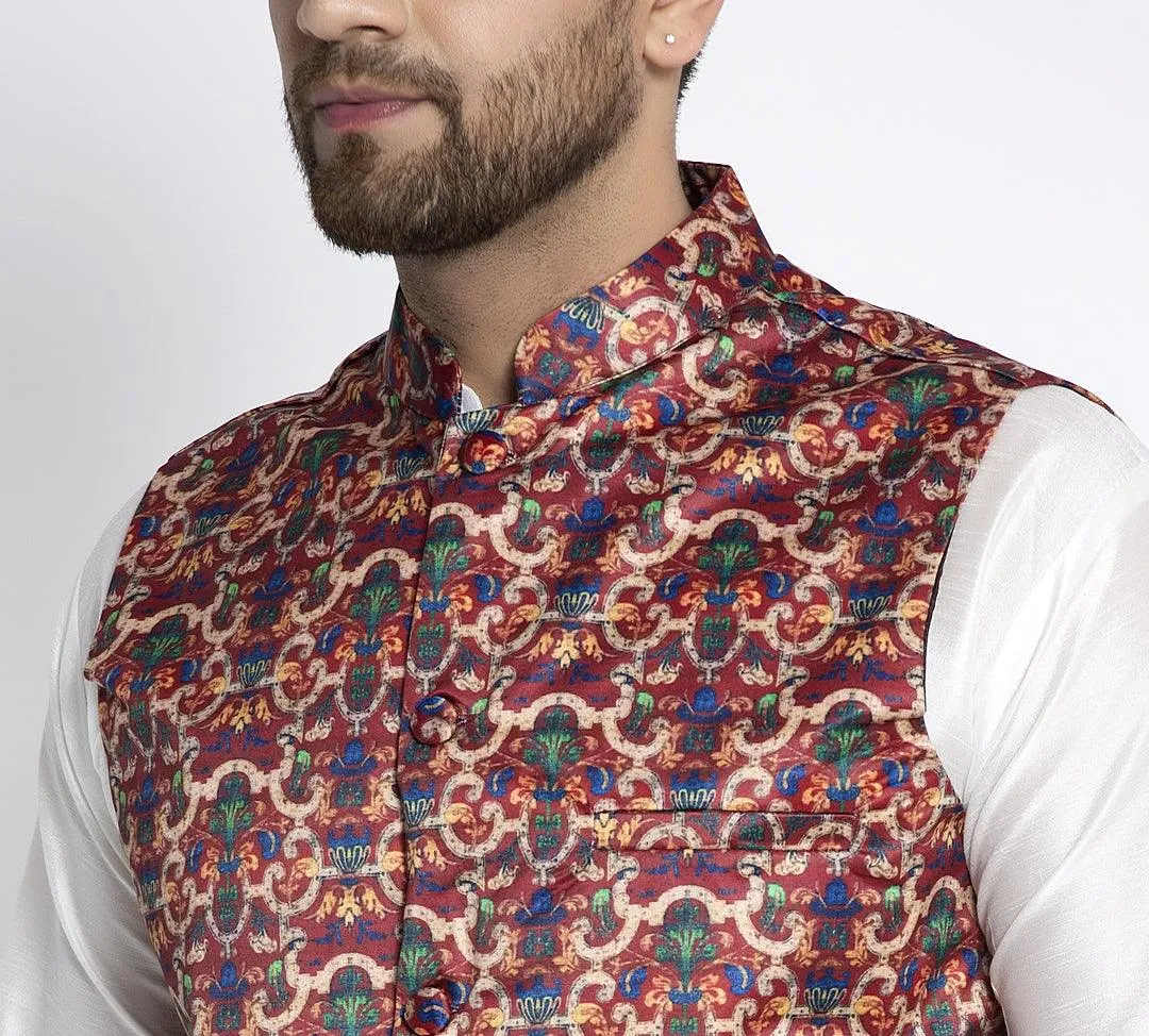 Men's Maroon & Multi Printed Nehru Jacket - Benstoke